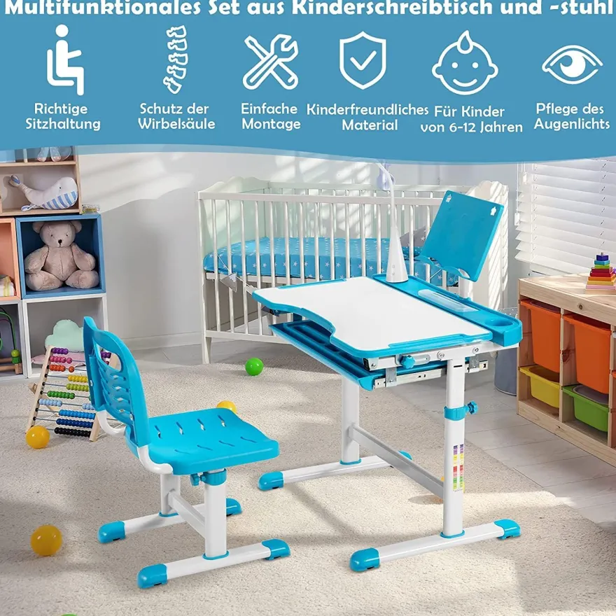 Kinderschreibtisch mit Bücherständer & LED, höhenverstellbarer Kindertisch&Stuhl