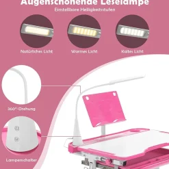 Kinderschreibtisch mit Bücherständer & LED, höhenverstellbarer Kindertisch&Stuhl