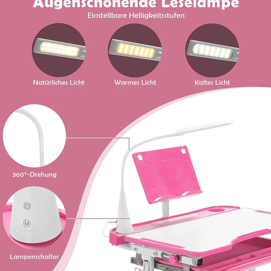 Kinderschreibtisch mit Bücherständer & LED, höhenverstellbarer Kindertisch&Stuhl