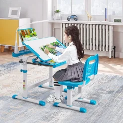 Kinderschreibtisch mit Bücherständer & LED, höhenverstellbarer Kindertisch&Stuhl