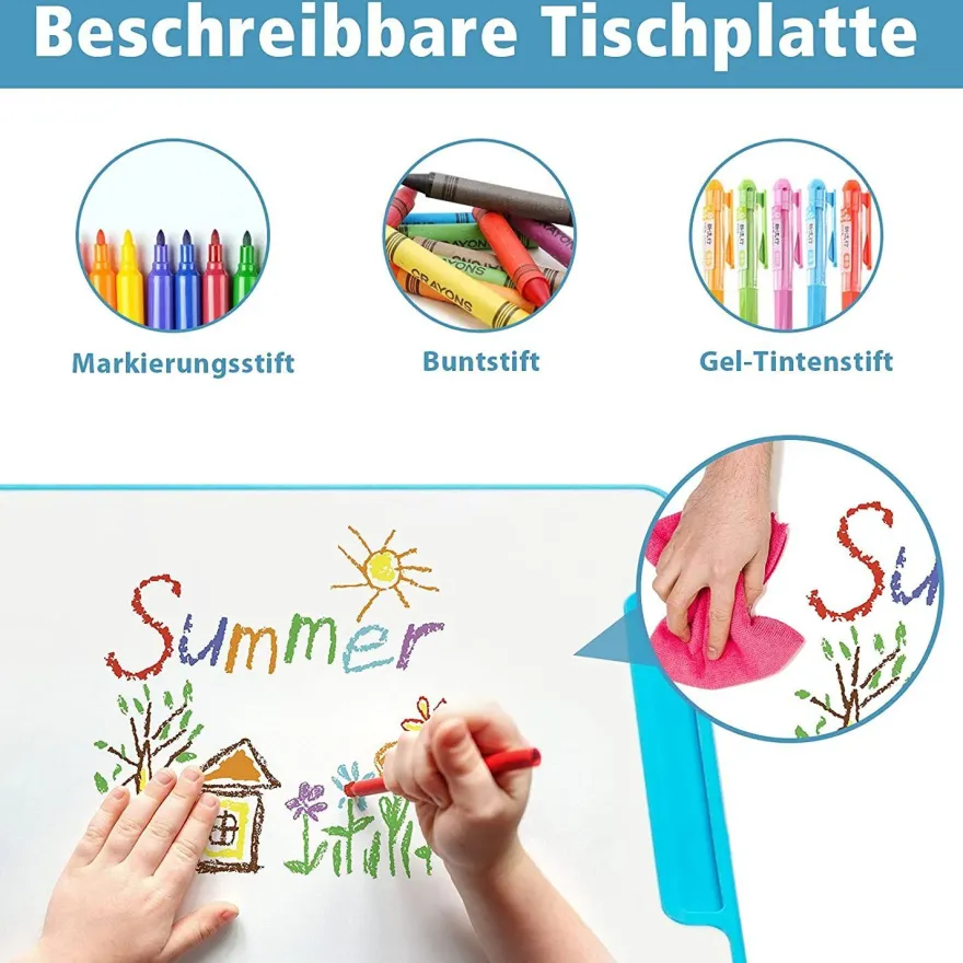 Kinderschreibtisch mit Bücherständer & LED, höhenverstellbarer Kindertisch&Stuhl