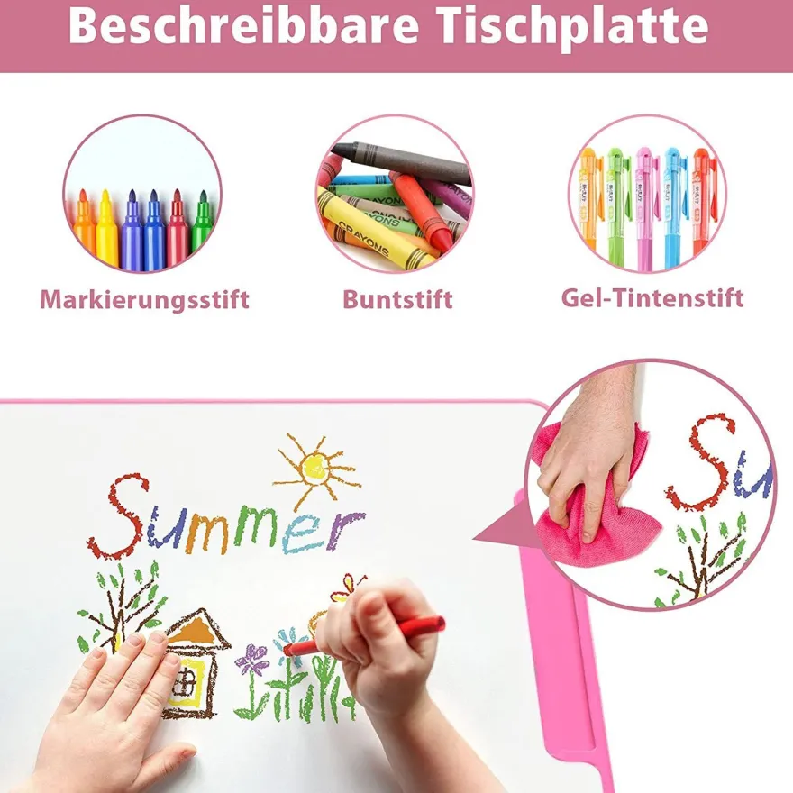 Kinderschreibtisch mit Bücherständer & LED, höhenverstellbarer Kindertisch&Stuhl