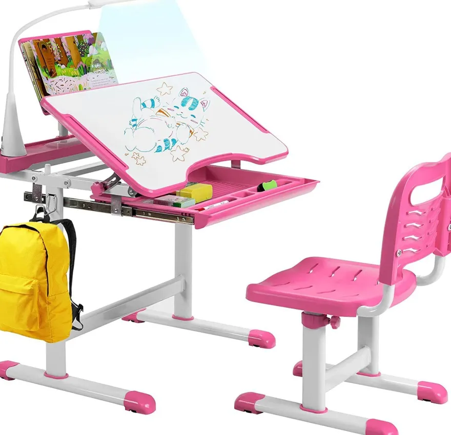 Kinderschreibtisch mit Bücherständer & LED, höhenverstellbarer Kindertisch&Stuhl