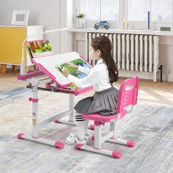 Kinderschreibtisch mit Bücherständer & LED, höhenverstellbarer Kindertisch&Stuhl