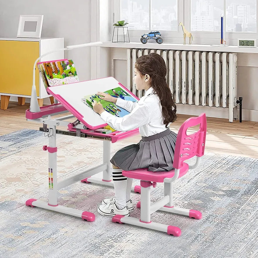 Kinderschreibtisch mit Bücherständer & LED, höhenverstellbarer Kindertisch&Stuhl