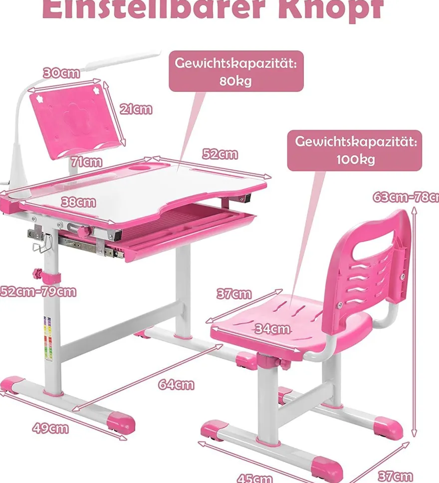 Kinderschreibtisch mit Bücherständer & LED, höhenverstellbarer Kindertisch&Stuhl