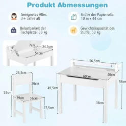 Kinderschreibtisch mit Stuhl, Kindertisch-Set mit klappbarer Tischplatte für Kinder