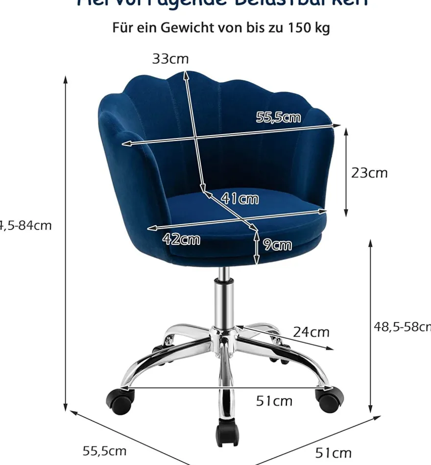 Kinderschreibtischstuhl, höhenverstellbarer Kinderdrehstuhl Sessel Samt, bis 150 kg