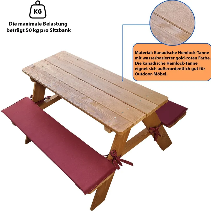 Kinder-Sitzgruppe Picknicktisch mit Polster Spieltisch Gartentisch Holz