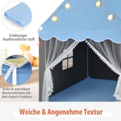 Kinderspielhaus mit Sternenlichter, Prinzessin Prinzess Kinderzelt mit Fenster & Matt
