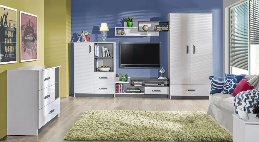 Kinderzimmer - Schiebetürenschrank / Kleiderschrank Frank 14, Farbe: Weiß / Grau