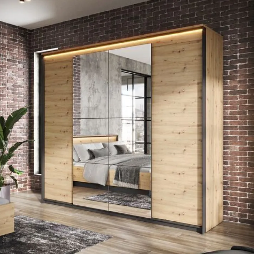Kleiderschrank 250 cm QUANT QS-05 Schrank 4 Drehtüren 2 Kleiderstangen Led Licht