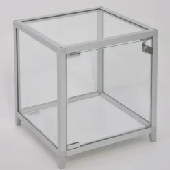 kleine quadratische Tisch Präsentationsvitrine beleuchtet & Schloss 32 cm silber