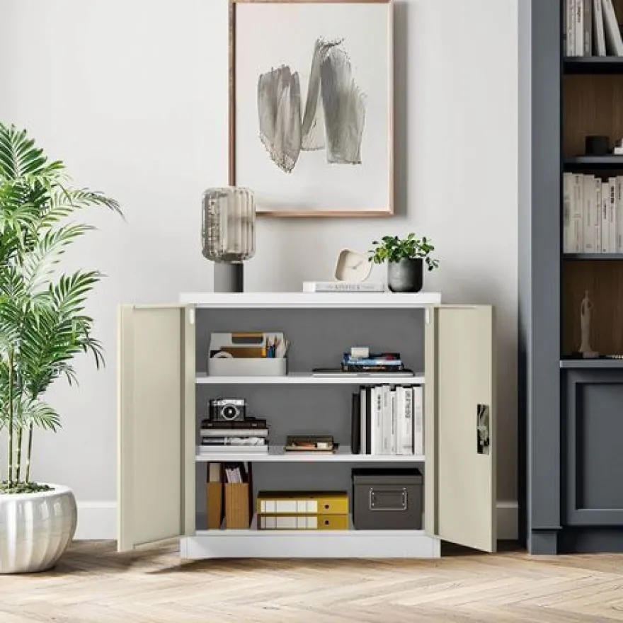Kleiner Aktenschran Büroschrank mit Flügeltüren 93 x 90 x 40 cm weiß-holzoptik