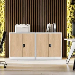 Kleiner Aktenschran Büroschrank mit Flügeltüren 93 x 90 x 40 cm weiß-holzoptik