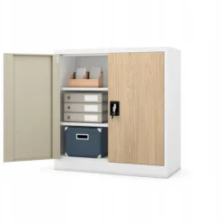 Kleiner Aktenschran Büroschrank mit Flügeltüren 93 x 90 x 40 cm weiß-holzoptik
