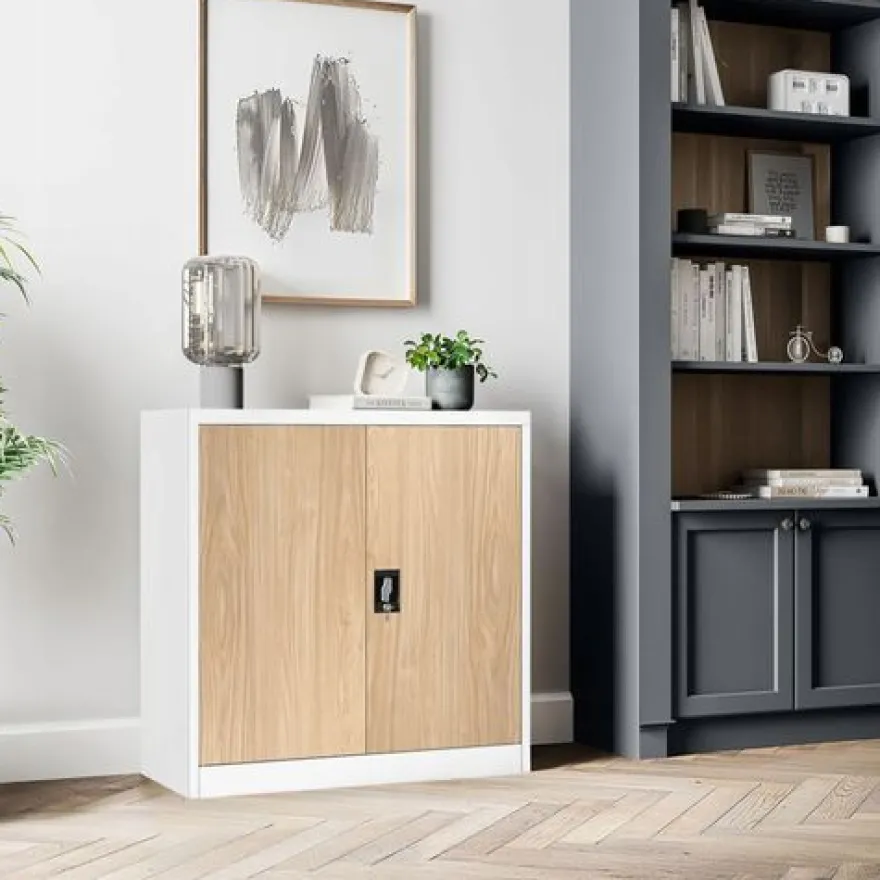 Kleiner Aktenschran Büroschrank mit Flügeltüren 93 x 90 x 40 cm weiß-holzoptik
