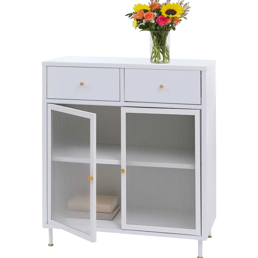 Kommode HWC-O87, Schrank Staufächer Schublade Industrial Metall Schilfglas 96x80x40cm