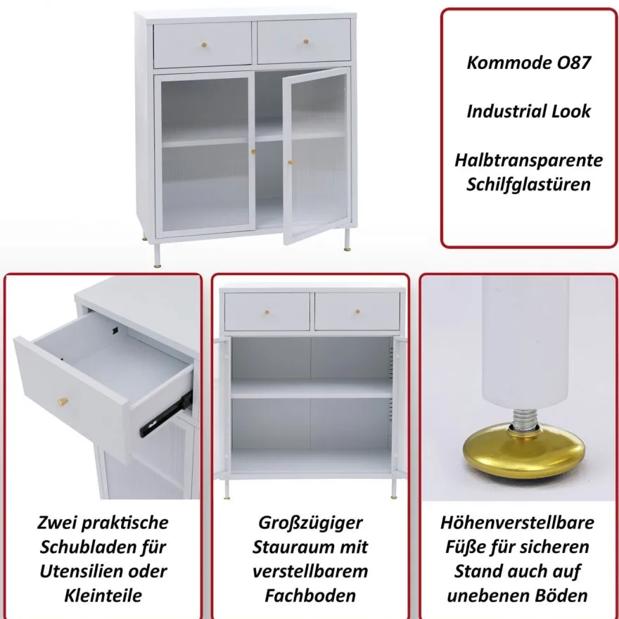Kommode HWC-O87, Schrank Staufächer Schublade Industrial Metall Schilfglas 96x80x40cm