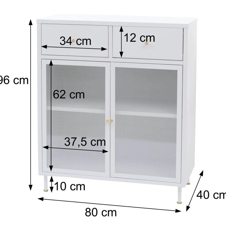 Kommode HWC-O87, Schrank Staufächer Schublade Industrial Metall Schilfglas 96x80x40cm