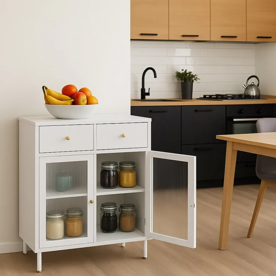 Kommode HWC-O87, Schrank Staufächer Schublade Industrial Metall Schilfglas 96x80x40cm