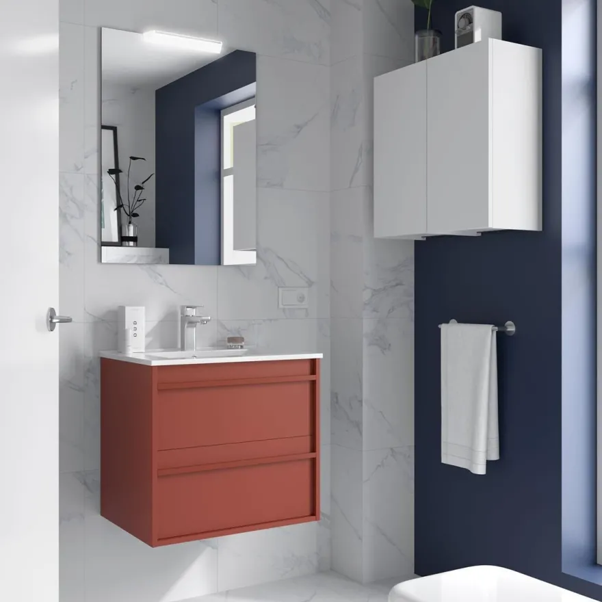 Komplett-Set ATTILA 600 2 Schubladen RED SATIN + Waschtisch + Spiegel + Leuchte