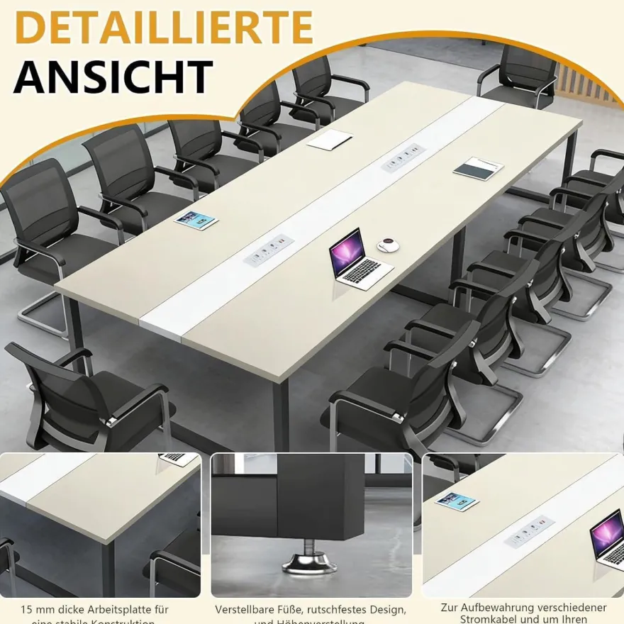 Konferenztisch mit Kabelmanagement, 200x120cm, Modern & Stabil für Büro