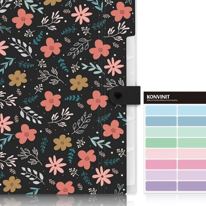 Konvinit Dokumentenmappe A4 mit 6 Fächern - Blumenmuster, ideal für Büro
