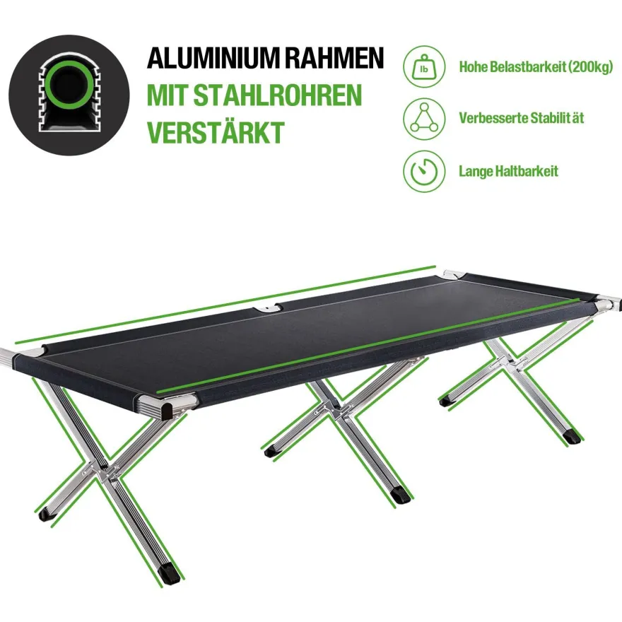 Kronenburg XXL Campingbett Feldbett 210 x 72 x 45 cm - belastbar bis 200 kg - schwarz
