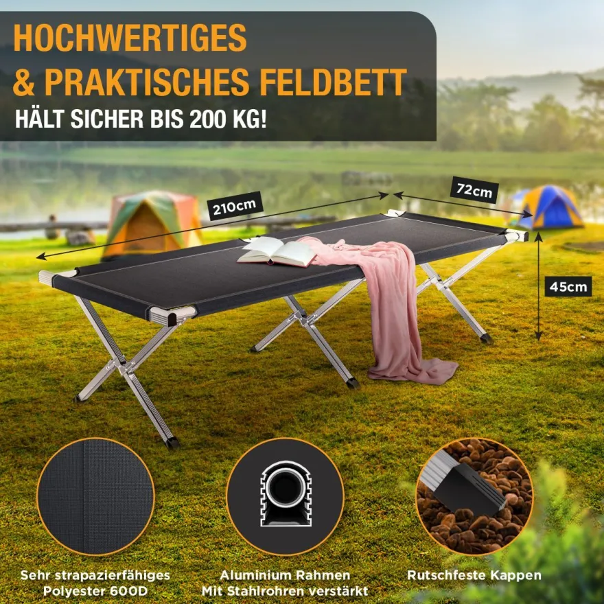 Kronenburg XXL Campingbett Feldbett 210 x 72 x 45 cm - belastbar bis 200 kg - schwarz