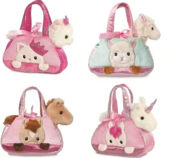 1 Kuscheltier in Handtasche, Katze, Pferd, Einhorn, Alpaka, 18 cm, Plüschtier Tasche