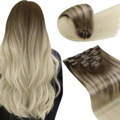 LaaVoo Clip in Extensions Echthaar 60cm 120g Braun Balayage Hellbraun Hellblond