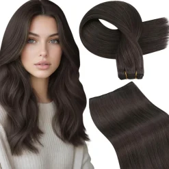 LaaVoo Echthaar Extensions Mokka Braun Sew in Weft Tressen Glatt 40cm 100g #1C