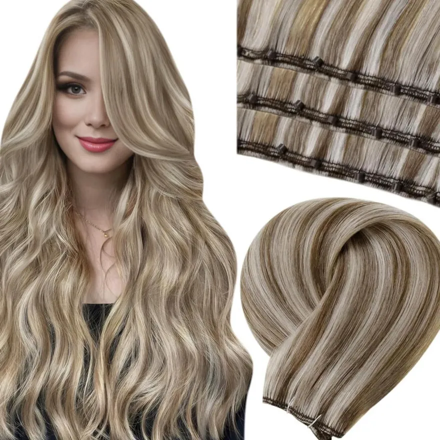 LaaVoo Echthaar Tressen Extensions Blond Highlighted Glatt Weft Extensions
