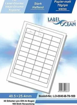 LabelOcean LO-0040-B-70-100, 4000 Etiketten, 48,5x25,4 mm, 100 Blatt DIN A4, 70g/ qm