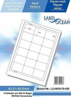 LabelOcean LO-0018-70-100, 1800 Etiketten, 63,5x46,6 mm, 100 Blatt DIN A4, 70g/ qm
