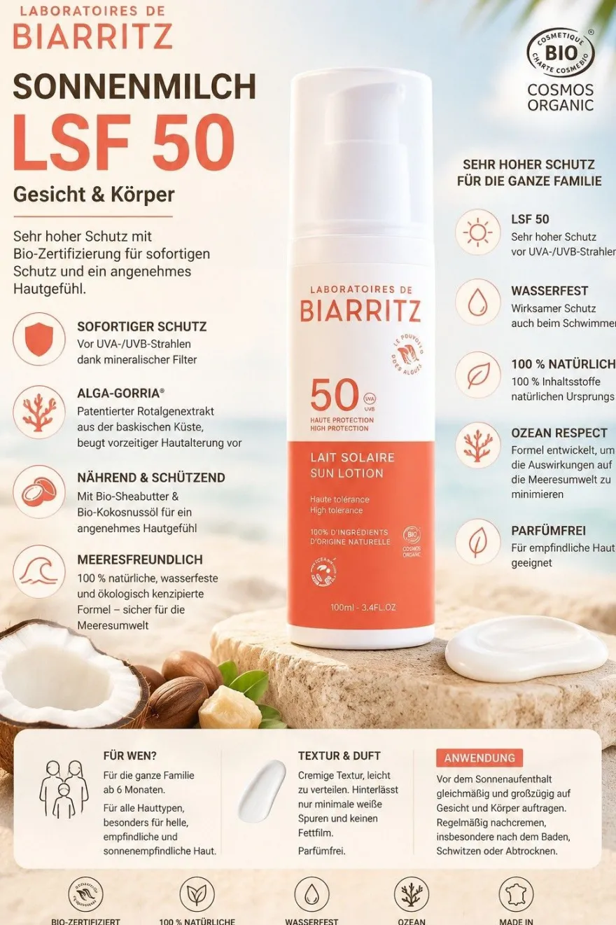 Laboratoires de Biarritz Sonnenmilch LSF 50 Bio Gesicht Körper 100 ml