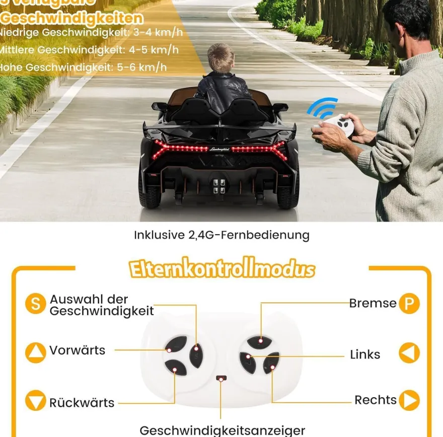 Lamborghini Elektroauto für Kinder, Kinderfahrzeug mit 2,4-G Fernbedienung& Hupe