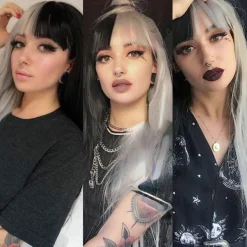 Lange Halb Grau Halb Schwarz Perücke für Damen - Gerade Goth Haar Perücke mit