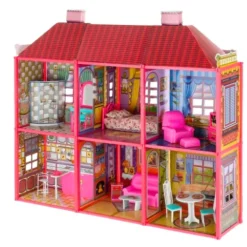 Leantoys Puppenhaus - Große Villa mit Möbeln + E PUPPE