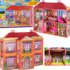 Leantoys Puppenhaus - Große Villa mit Möbeln + E PUPPE