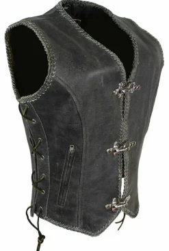 Lederkutte Damen Bikerweste Motorradkutte Lederweste Bon Cracker Braun