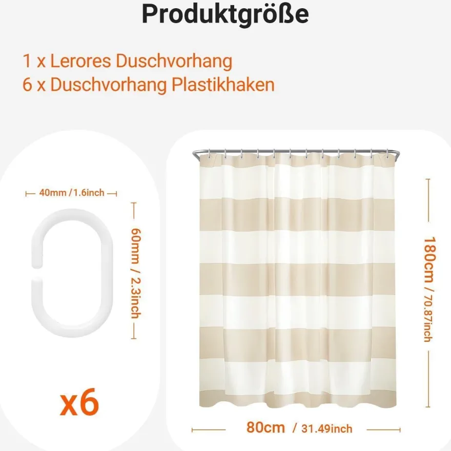 Lerores Duschvorhang 80x180 cm Beige Streifen, Wasserabweisend, Waschbar