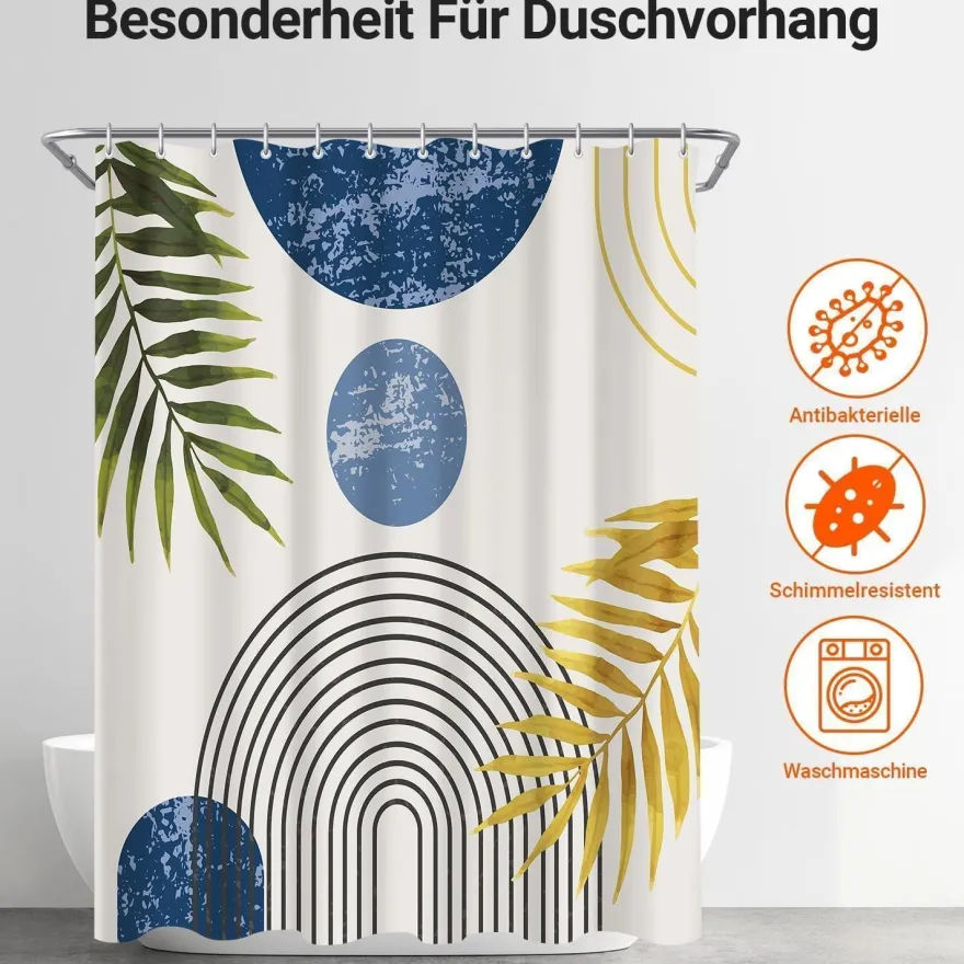 Lerores Duschvorhang 120x200 cm Blau Blätter Linie, Beschwerter Saum