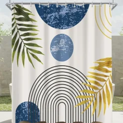 Lerores Duschvorhang 120x200 cm Blau Blätter Linie, Beschwerter Saum