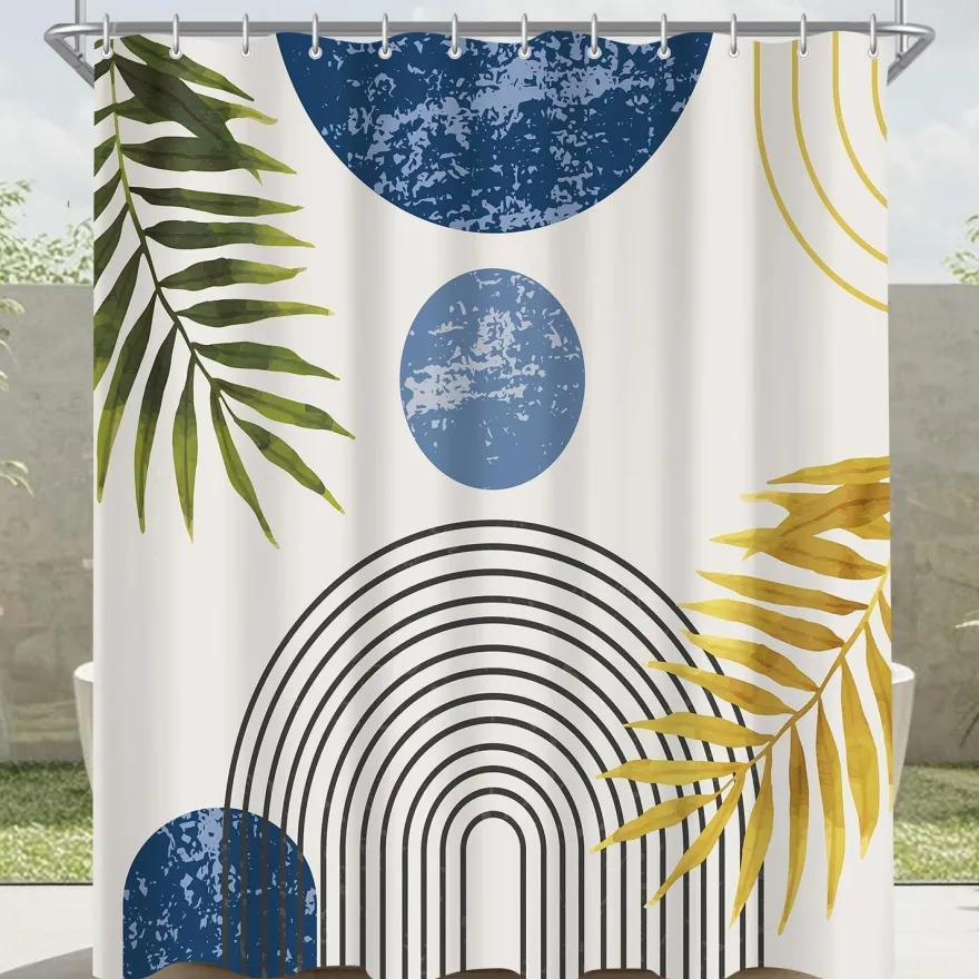 Lerores Duschvorhang 120x200 cm Blau Blätter Linie, Beschwerter Saum