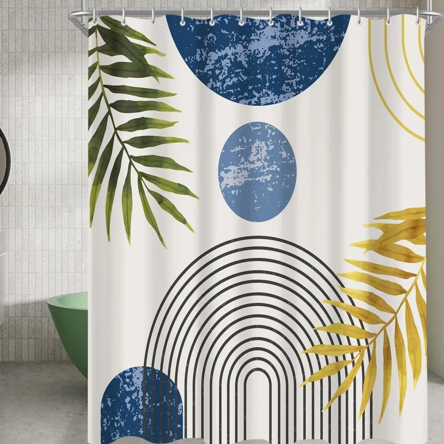 Lerores Duschvorhang 120x200 cm Blau Blätter Linie, Beschwerter Saum