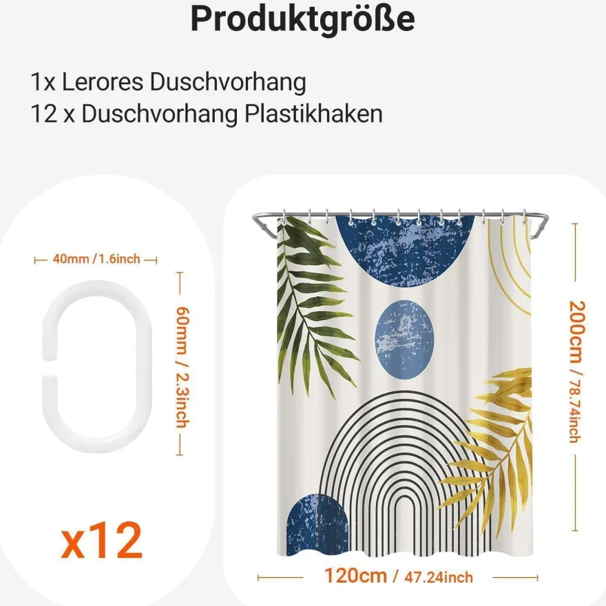 Lerores Duschvorhang 120x200 cm Blau Blätter Linie, Beschwerter Saum