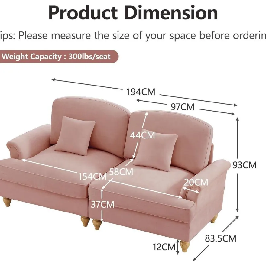 L-förmiges 2-Sitzer Sofa, Chenille Stoff, Rosa, 190 cm, Mittelalter Stil mit