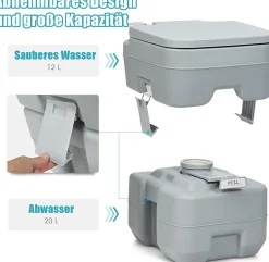 20L + 12L Campingtoilette abnehmbarem Abwassertank Campingklo tragbar Reisetoilette